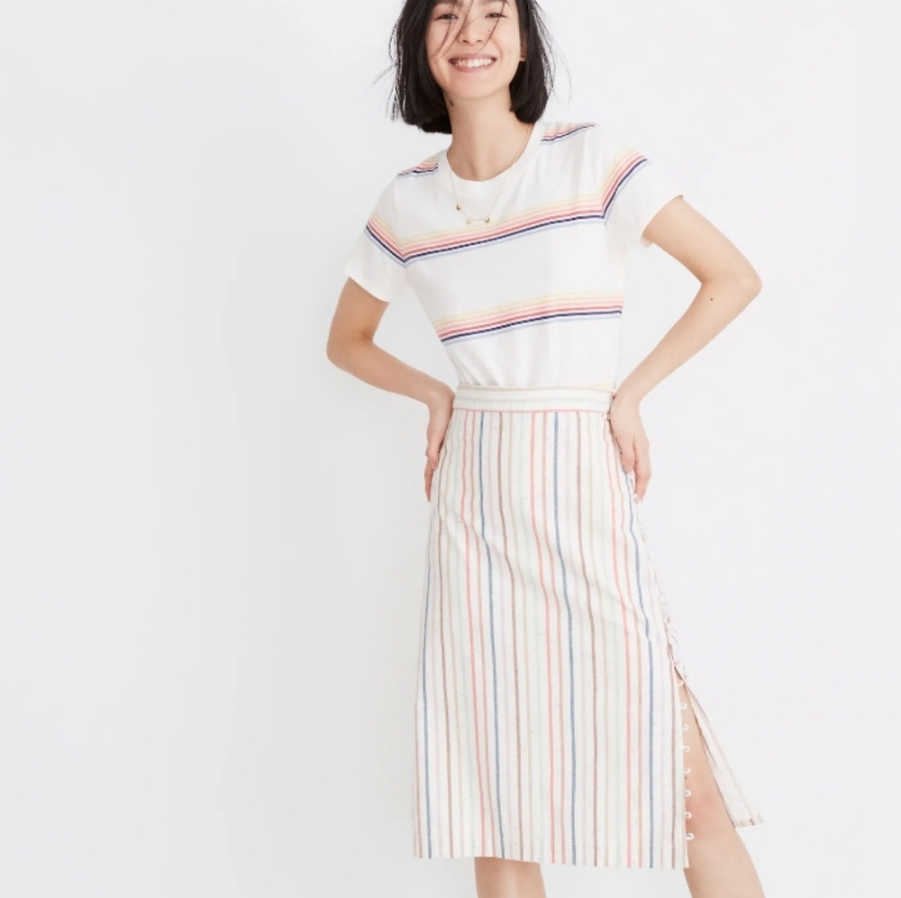 NWT: MADEWELL; BUTTON SLIP,  MIDI SKIRT, LINEN BLEND, FLECK RAINBOW STRIPE IVORY
